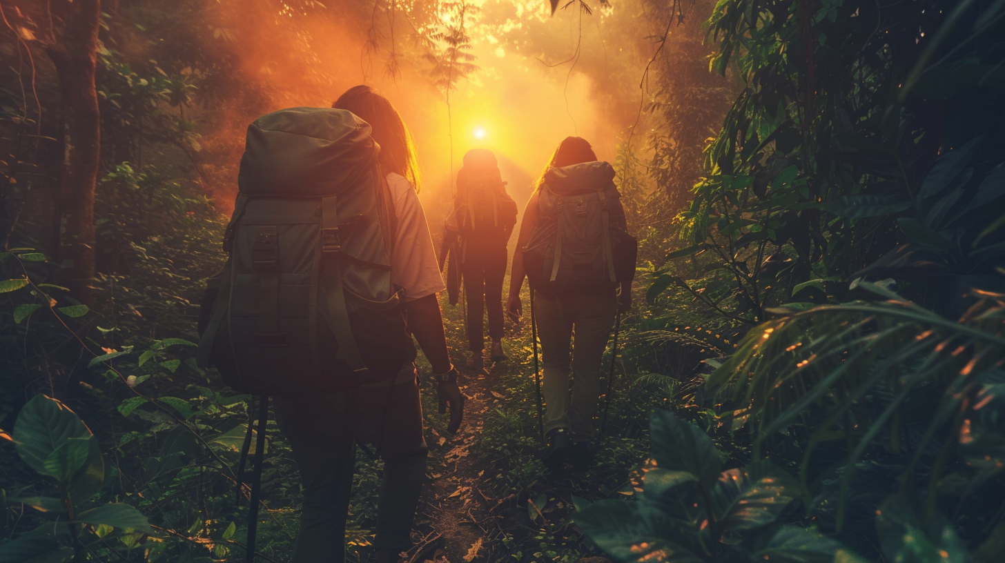 Grupo realizando trekking meditativo en un sendero natural