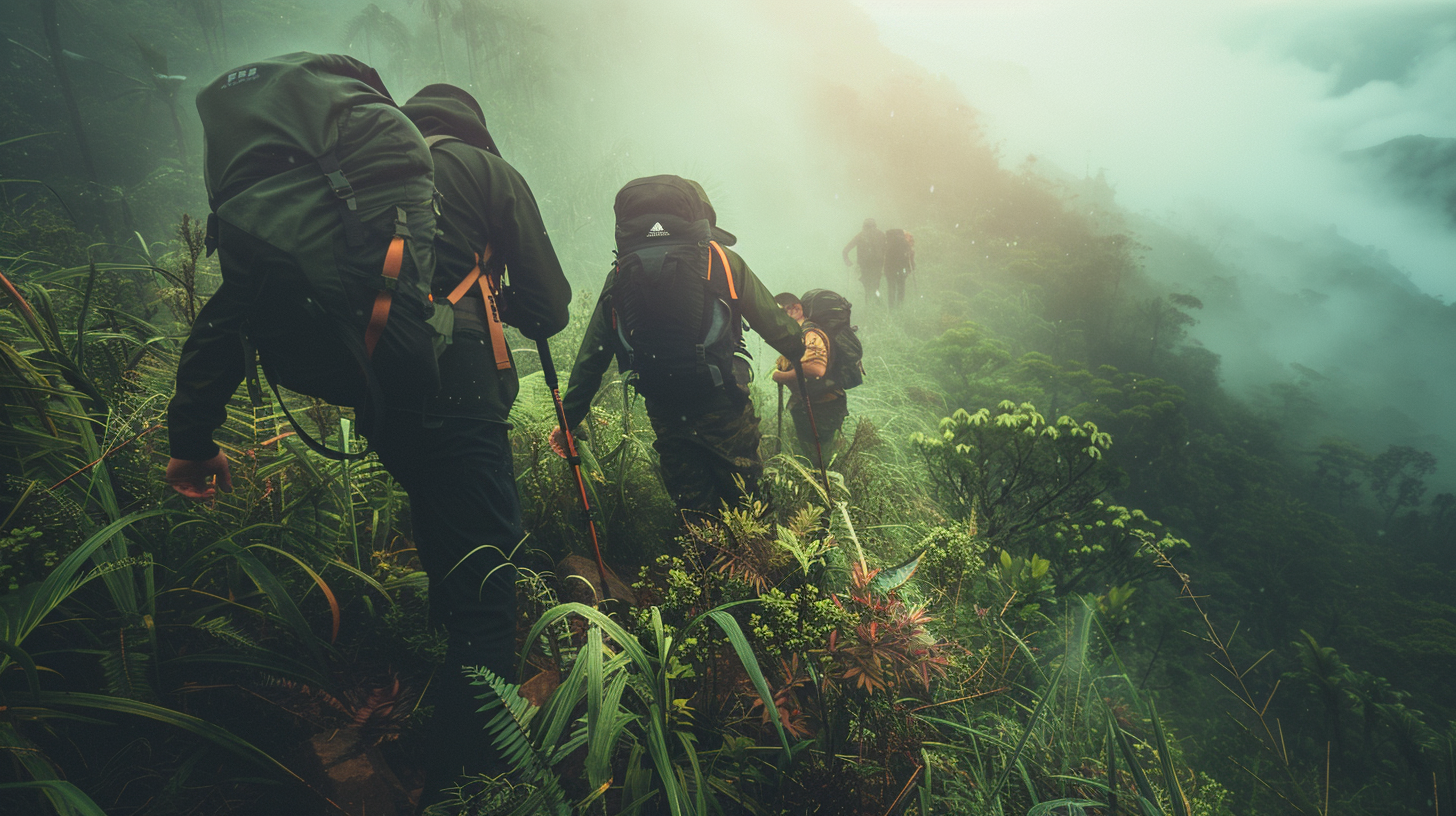 Grupo superando un desafío físico durante una expedición