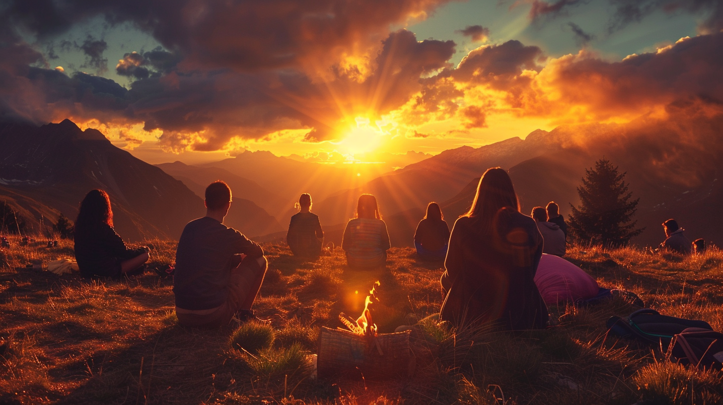 Ritual de intención al amanecer en un paisaje montañoso