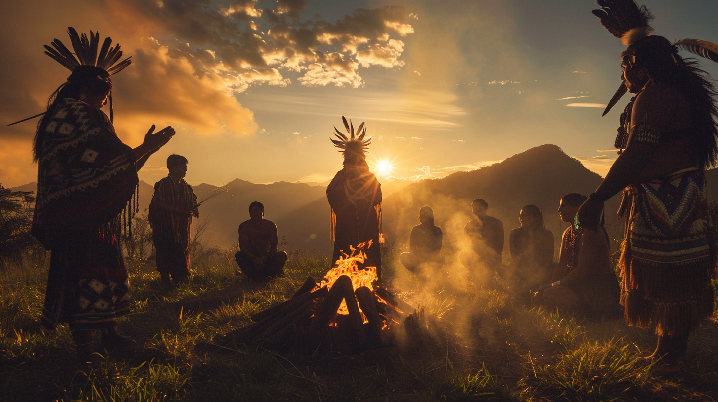 Ceremonia tradicional indígena al atardecer