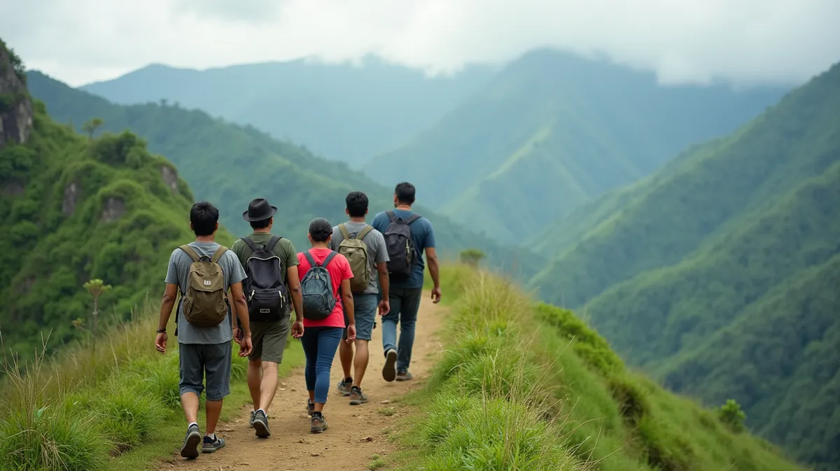 Grupo realizando trekking meditativo en un sendero natural